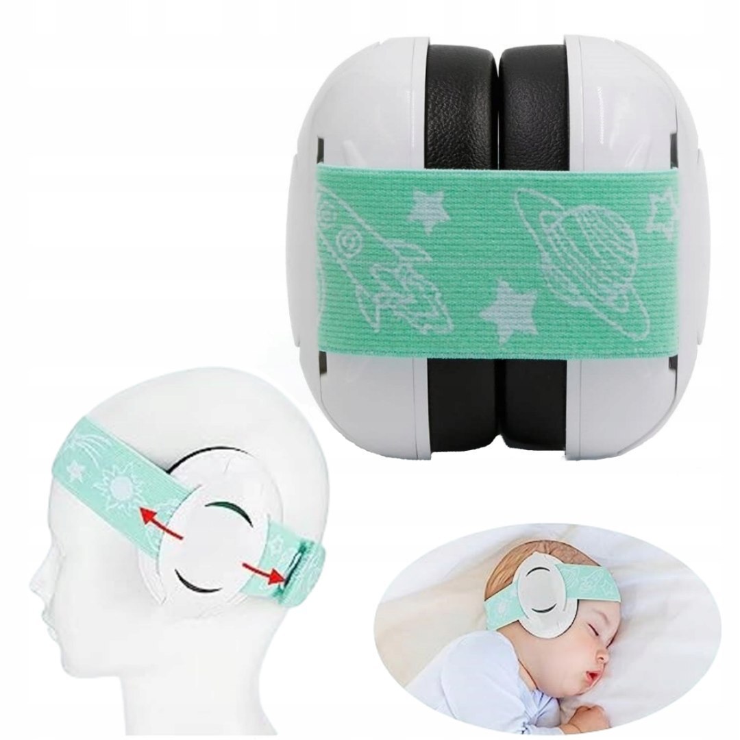Casti antifonice pentru bebelusi si copii, Zola, cu banda elastica, ajustabile, reduc zgomotul, protejeaza auzul, ergonomice, model spatiu, alb/verde menta Casti antifonice pentru bebelusi si copii, Zola, cu banda elastica, ajustabile, reduc zgomotul, protejeaza auzul, ergonomice, model spatiu, alb/verde menta